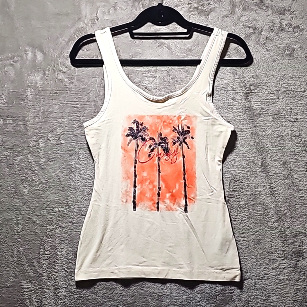 Guess Women Tank Top Size XS Sleeveless Summer Sequin Palm Trees Tank